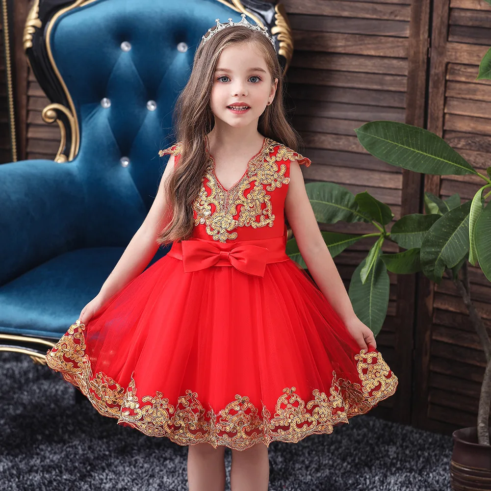 

New Children's Dress Princess Skirt Red Flower Girl Catwalk Pettiskirt Children's Day Host Costume Little Girls Pageant Dresses