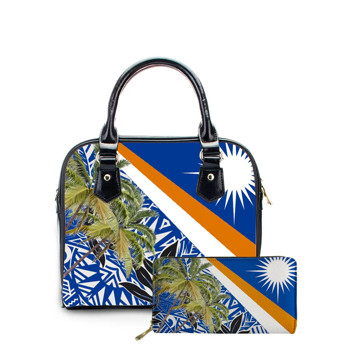 

Vintage PU Leather Handbag Lady Top-handle Bag Hawaii Tribal Island Printing 2Pcs Tote Bag Purses Hand Bags for Women Designer