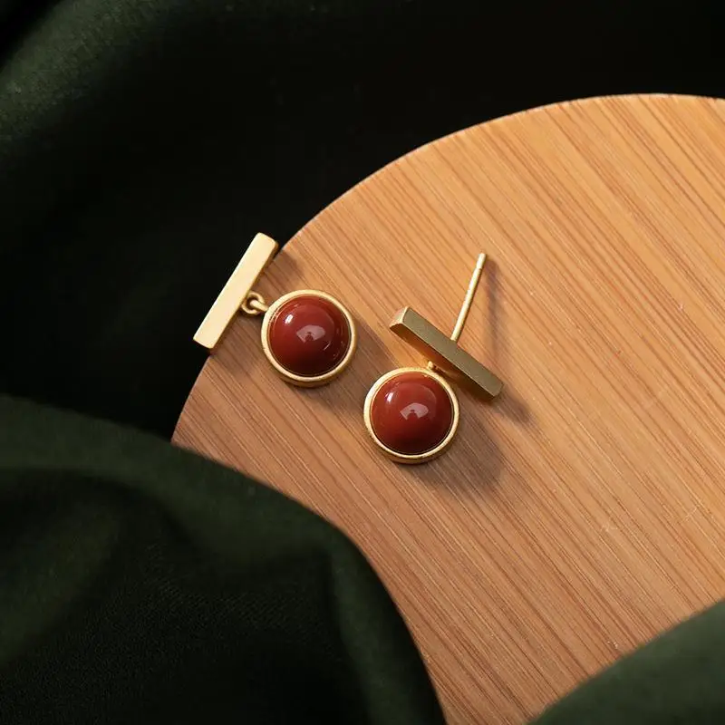 

Annual Earrings High-Grade Earrings French Internet-Famous round Face Earrings South Red Sterling Silver Eardrops Natural South