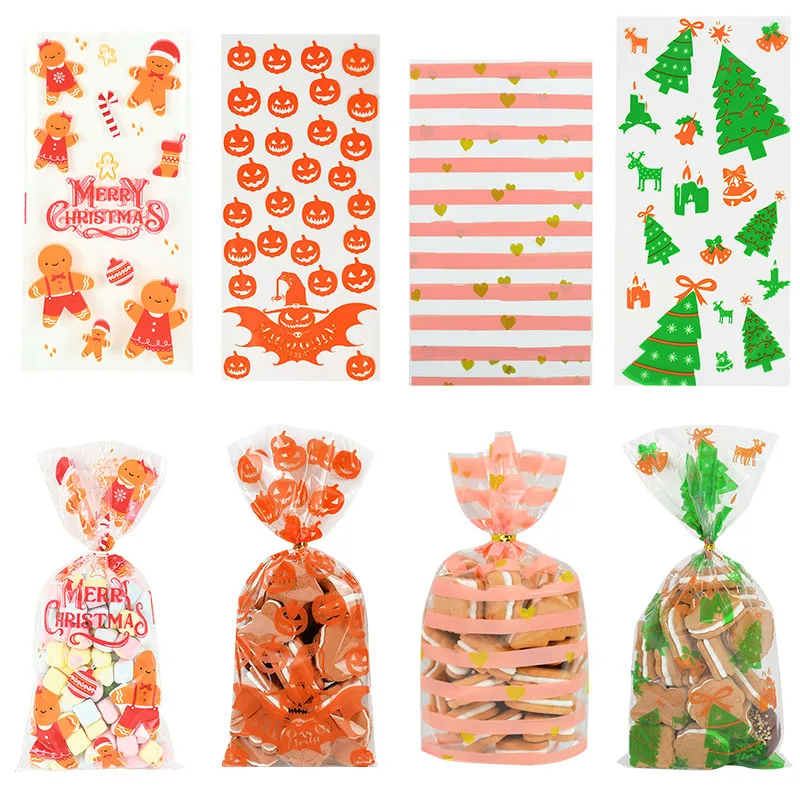 

50pcs Santa Dot Pumpkin Printed Transparent Clear OPP Bag for Wedding Birthday Halloween Xmas Gift Baking Candy Cookie Packaging