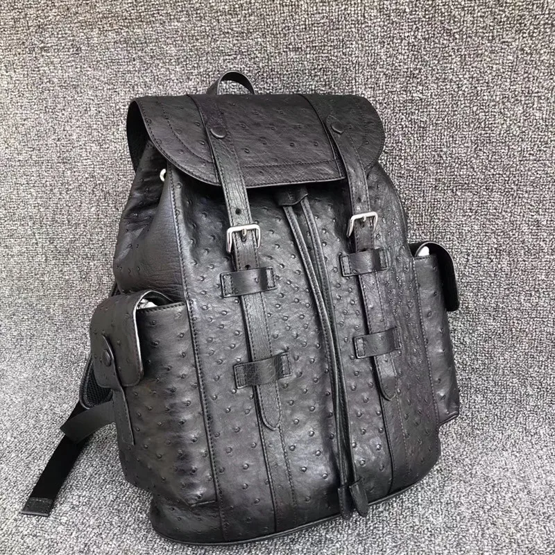 

Оригинальный экзотический мужской рюкзак из страусиной кожи на шнурке, мужской черный дорожный рюкзак из натуральной кожи, Мужская большая сумка с клапаном и карманами