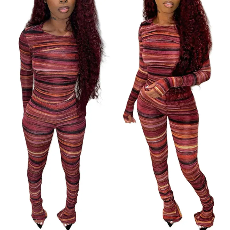 

2 Pieces Female Suit Set Autumn Winter, Casual Striped Round Neck Slim Long Sleeve Pullover+ Flared Trousers for Women
