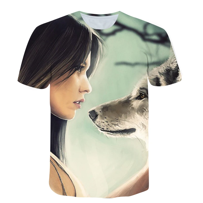 

Wolf Print Men's T-shirt Street Fashion Hip-Hop Clothes Young Oversize Shirt Casual O-neck Short-Sleeved Shirt