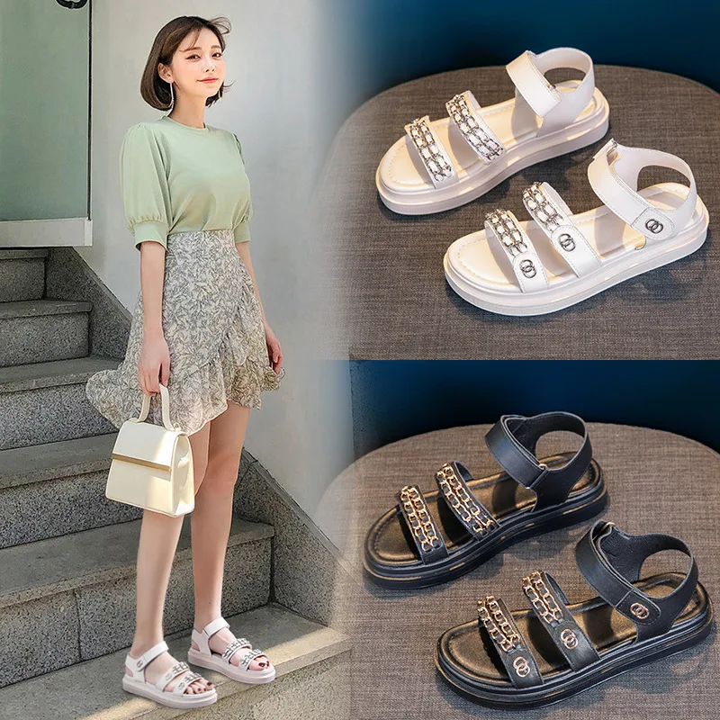 

Summer casual sandals women 2021 new metal chain thick soled sandals fairy style Velcro women's shoes