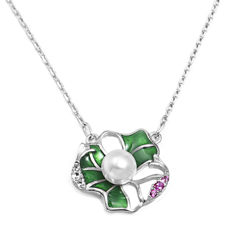 

Buyee Colorful Flower Necklace 6mm Pearl and Cute Lotus Leaf Real 925 Sterling Silver Necklace Women Party Wedding Jewelry