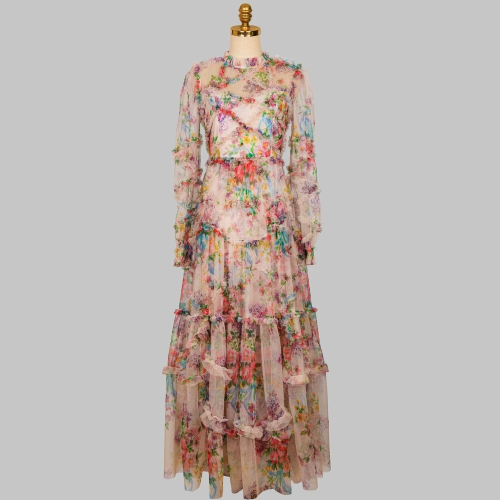 

Dress for Women Summer 2021 New Lady Long French Pleated Floral Elegant Printed Chiffon Dress Sweet A-LINE O-Neck Empire Sexy