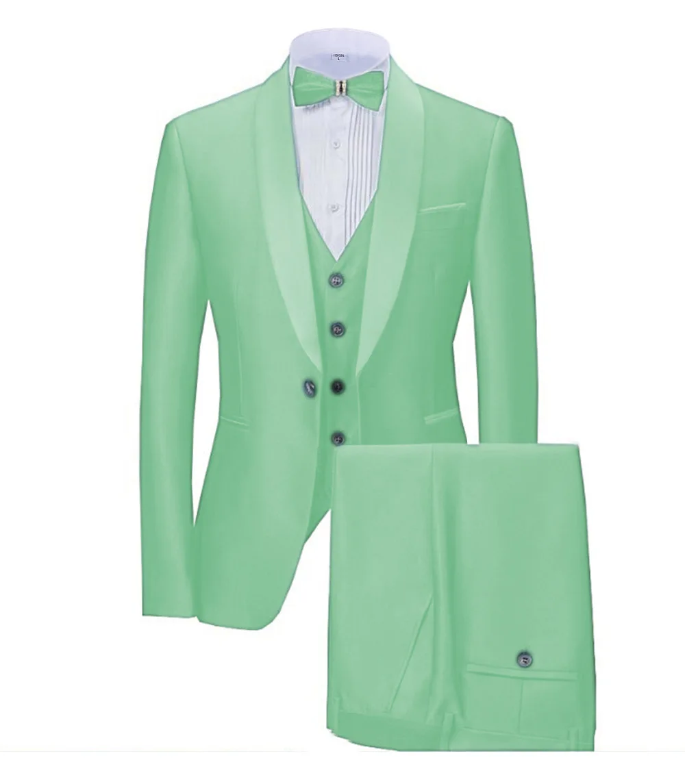 mint green Новинка, темно-синие мужские костюмы, 3 предмета, деловой Блейзер, смокинги, шаль с отворотом для свадьбы, жениха(пиджак+ жилет+ брюки - Цвет: mint green