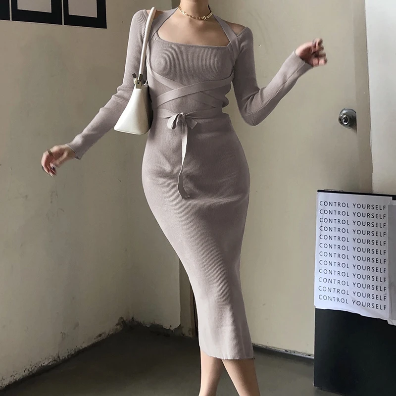 

Autmn Women Slim Knit Dress 2021 Autumn Winter Sexy Bandage Long Sleeve Midi Knitted Dress Elegant Long Sleeve Lady Long Dress
