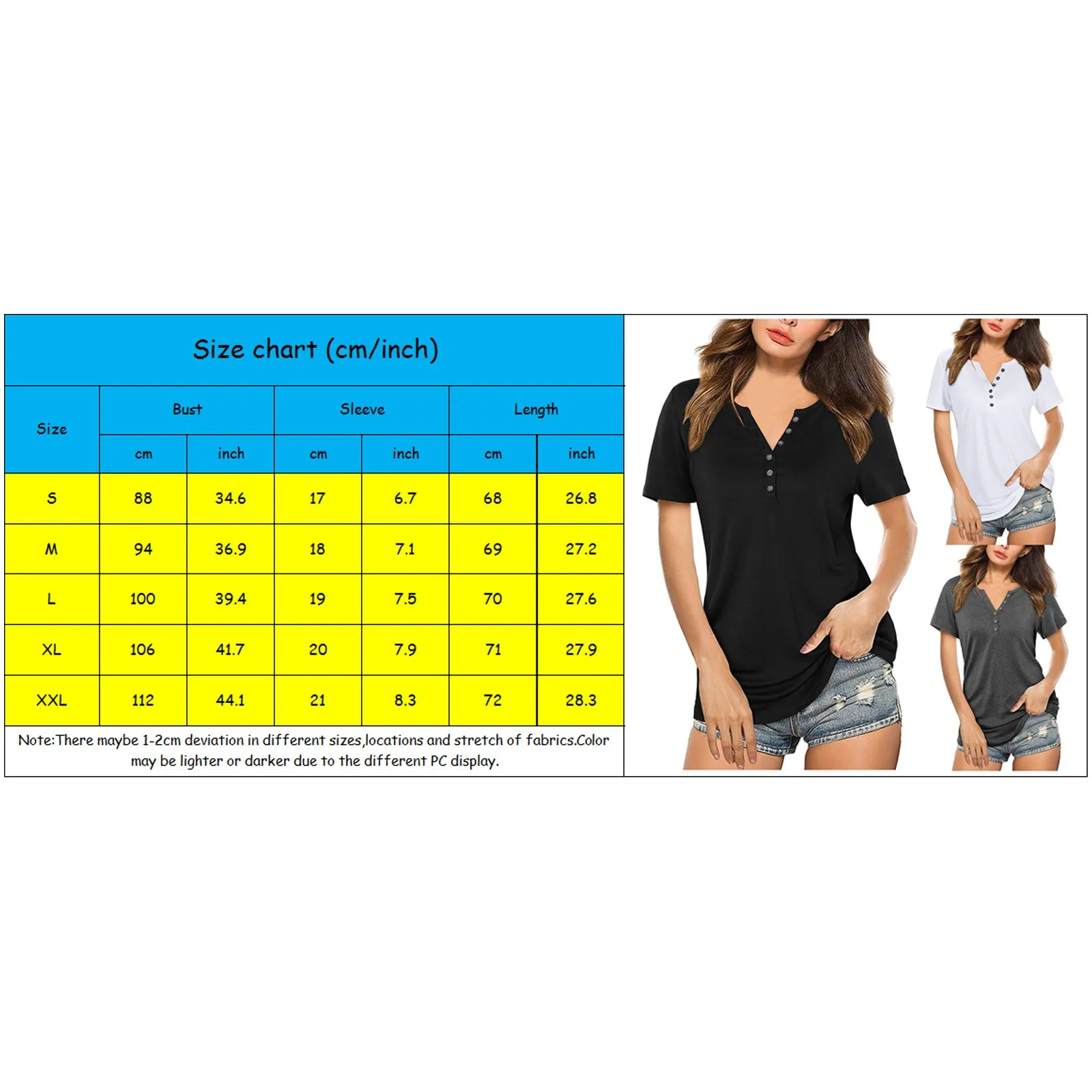 

Summer Women T-shirts Casual Solid Color V Neck Short Sleeve Button T Shirt Tops Blouse Bodycon Shirt