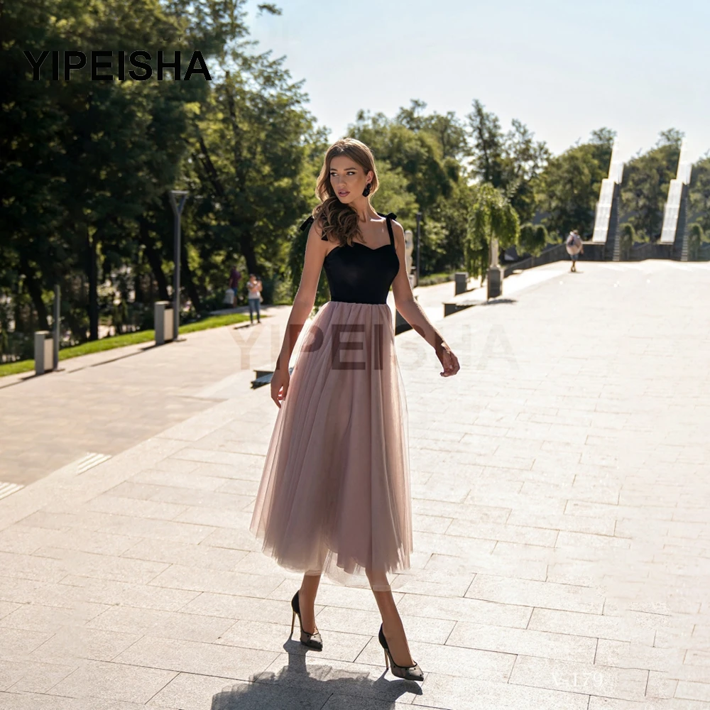 

2021 New Spaghetti Strap Backless Evening Dress Sleeveless Tea-Length Tulle Prom Party Gown robe de soire de mariage