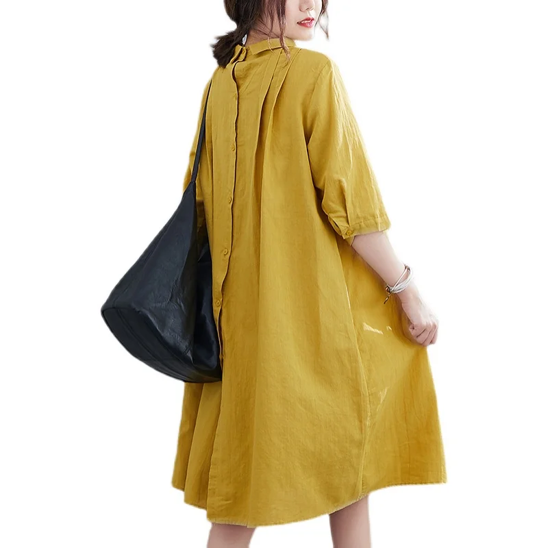 

2021 Summer New Artistic plus Size Peter Pan Collar Pleated Linen Dress Covering Belly Thin Loose Casual Mid-Length Dress