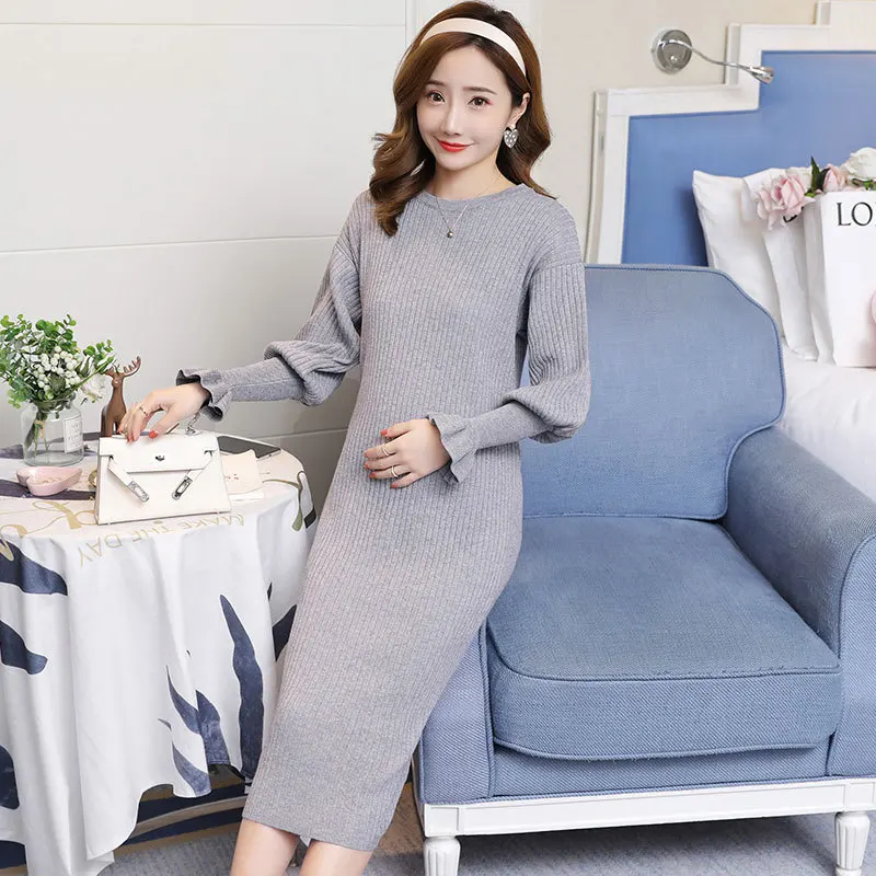 Осенне-Весенние длинные вязаные платья для беременных приталенная повседневная