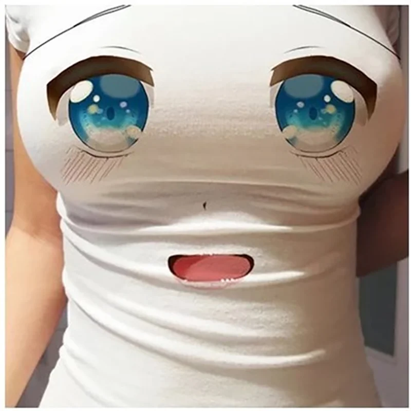 3D пикантные большой груди показ груди и принтом «большие глаза смайлик посылка женский якоря футболка с короткими рукавами, плотно облегаю...