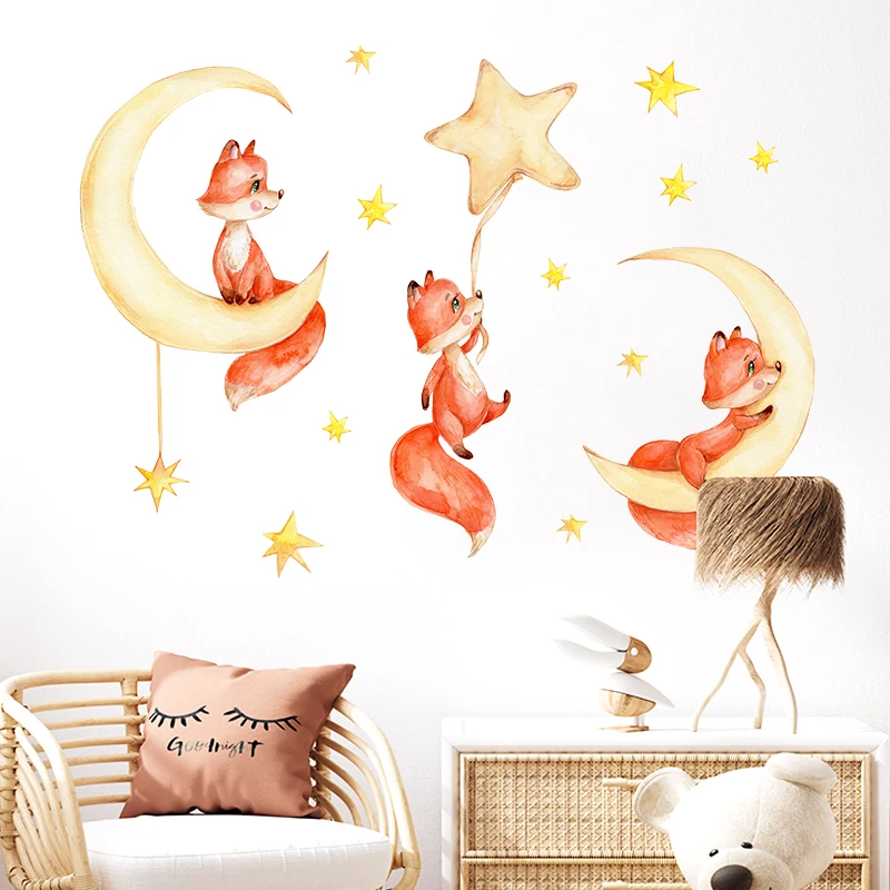 Мультяшные Лунные звезды Животные наклейки на стену для детской комнаты детская