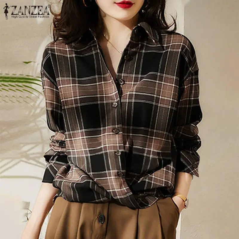 

Holiday Casual Work OL Loose Tops 2022 ZANZEA Autumn Women Full Sleeve Lapel Blouse Grid Printing Button Cuffs Chemise Bohemian