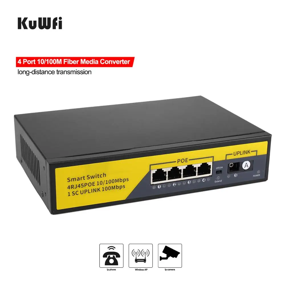 KuWFi 4 порта сетевой коммутатор 48 в POE 10/100 Мбит/с IEEE 802 3 af/at Ethernet Стандартный RJ