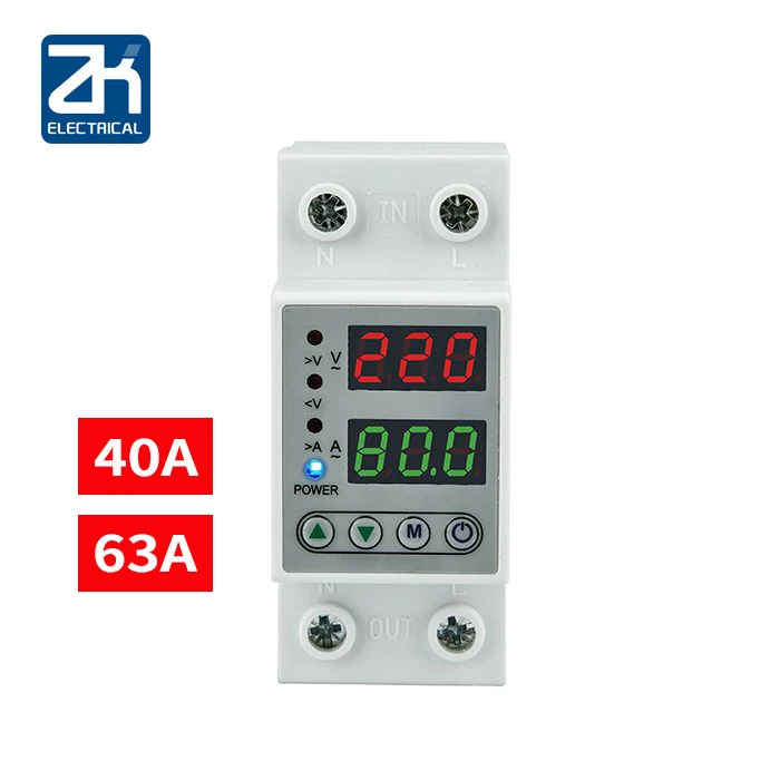 

Home Usage Dual LED Display 40A 63A Din Rail 230V Adjustable Voltage Surge Protector Relay with Limit Current Protection