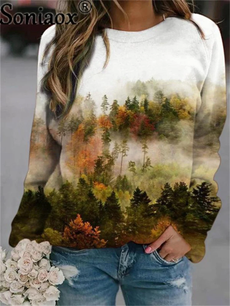 Women Sweatshirts Artist Oil Painting Forest Print Long Sleeve Ladies Spring Abstract Landscape Jumper 2021 Autumn Pullover Tops