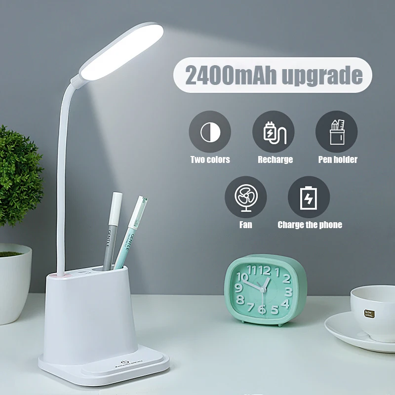 

LED Eye Protection Desk Lamp Reading Learning Table Lamp Touch Dimming USB Charging With Pen Holder Fan Room Decoration Lighting