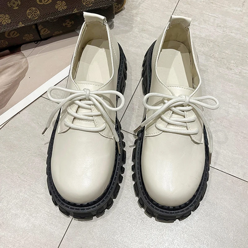 

Женские бежевые черные кожаные туфли на плоской платформе в японском стиле, студенческие женские туфли-оксфорды