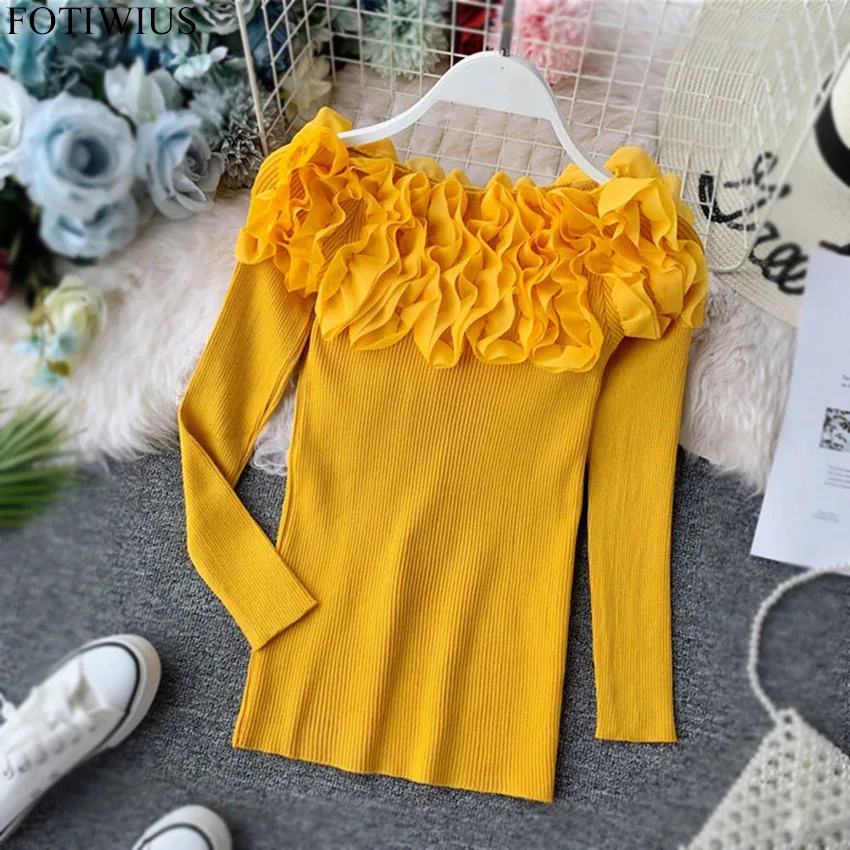 Designer Brand Ruffle 3d Floral Off Shoulder Sweater Women Long Sleeve Knitted Sweaters And Pullovers Slim Jumper Sueter Mujer | Женская