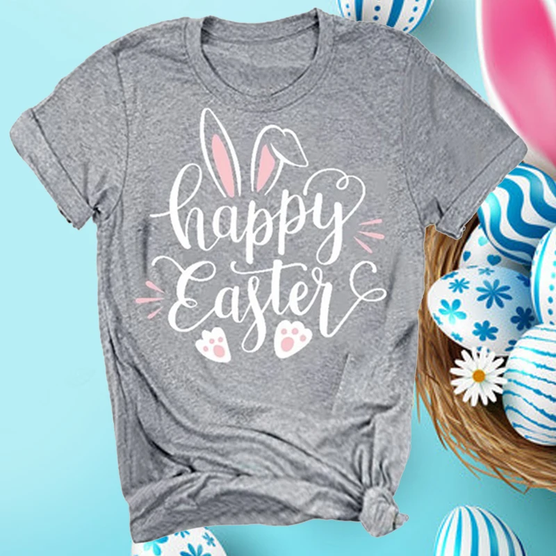 

Счастливая Пасха, футболка с принтом пасхального кролика, рубашки с круглым вырезом и короткими рукавами, тематические qhp топы для фестивал...