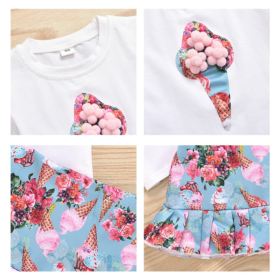 2021 Brand New Skirt Ice Cream T-Shirt 1-6Y 3D Sweet Summer Suit Printing Flower Rainbow Fancy Clothing Birthday Gift