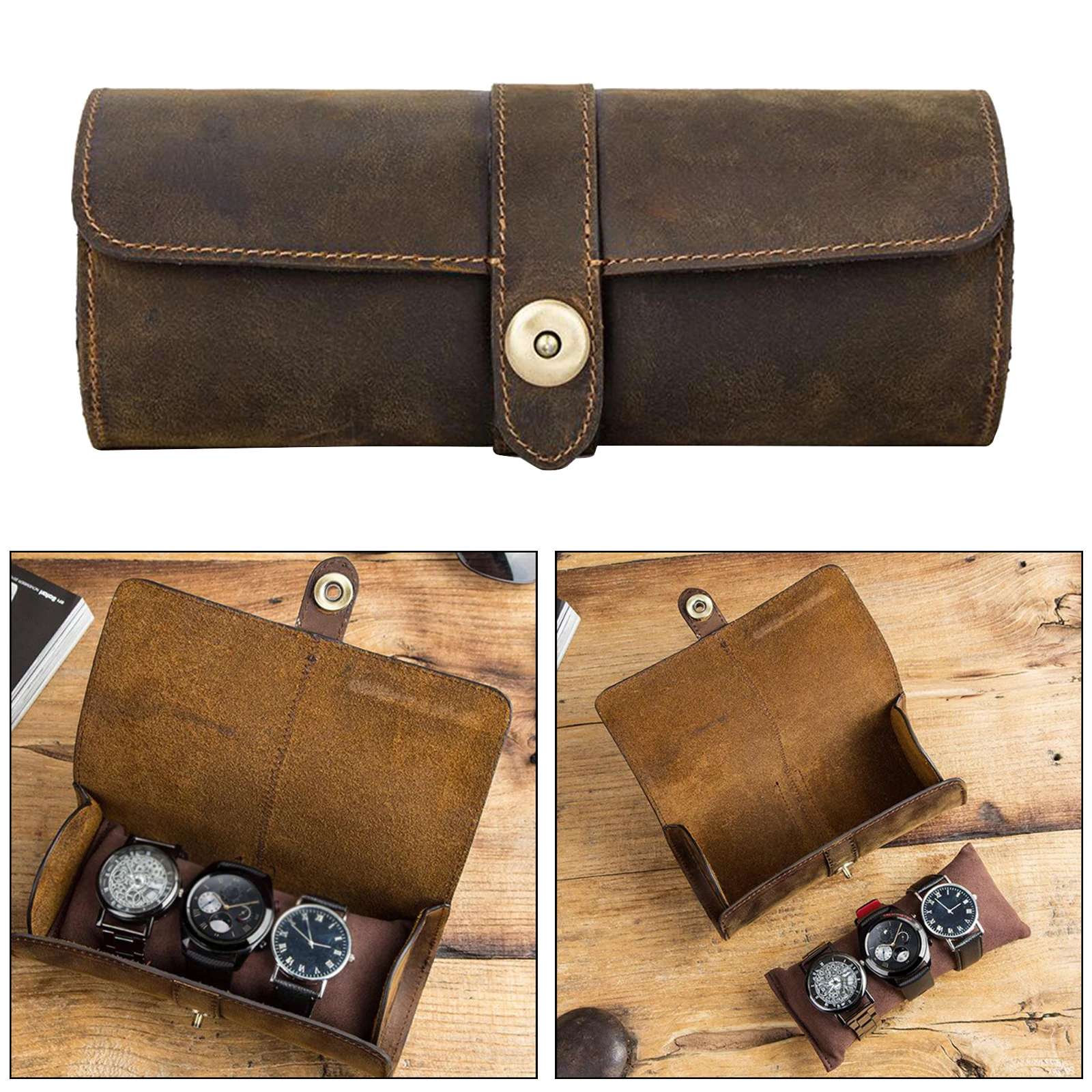 

Vintage Handmade Watch Roll Jewelry Storage Pouch Organizer for Travel 3 Slot Watch Roll Display Box Retro Cow Leather