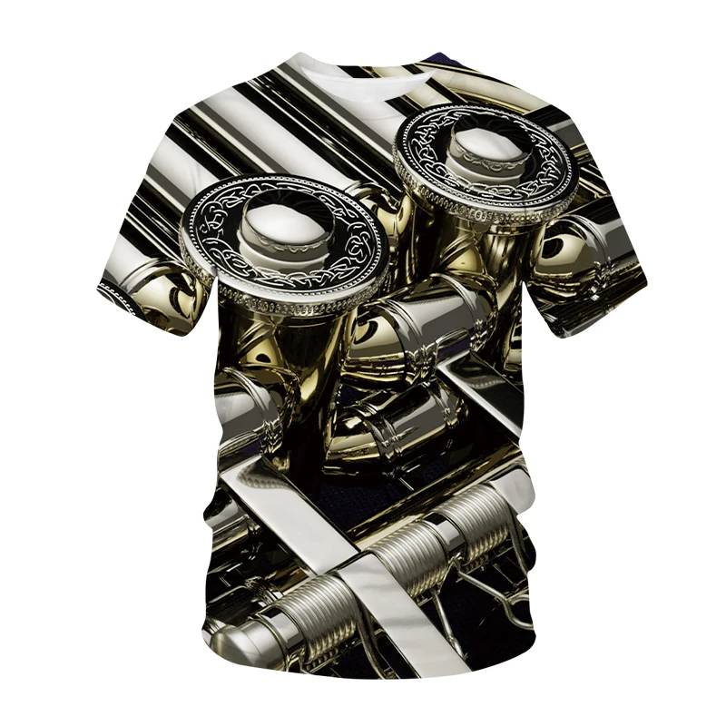 

Summer Casual Personality Unisex Black T-shirt 3D Printing Horn Brass Fashion Men's T-shirt Classic Musical Instrument T-shirt