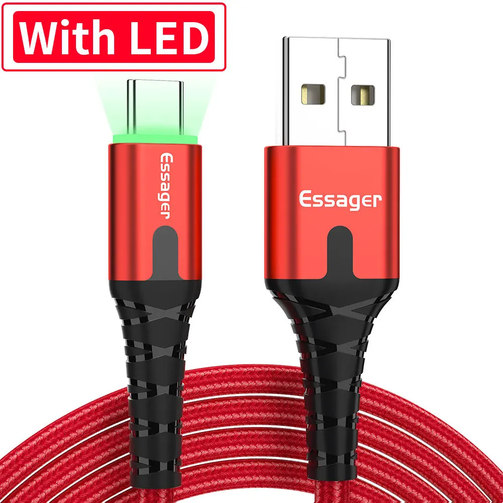 With LED Red Essager 3A usb type C светодиодный кабель для samsung S9 S8 One plus 6t Xiaomi huawei, кабель для быстрой зарядки, USB C type-c, шнур для зарядки и передачи данных - Цвет: With LED Red