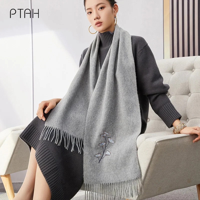 

[PTAH] 100% Sheep's Wool Scarves Women Cashmere Shawl Wrap Winter Warmer Comfort Temperament Embroidery Scarves Ladies 180*30cm