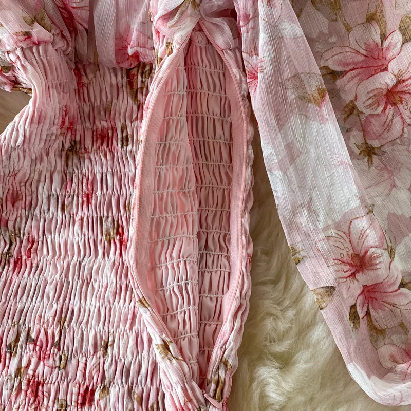 

Sexy Lace Up Floral Print Long Sleeve Women Dress 2021 Summer Square Collar Slim High Waist Ruffles Mini Party Chiffon Dress