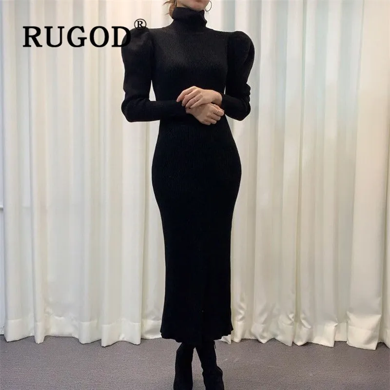 Женское винтажное длинное платье RUGOD однотонное Облегающее вязаное с высоким