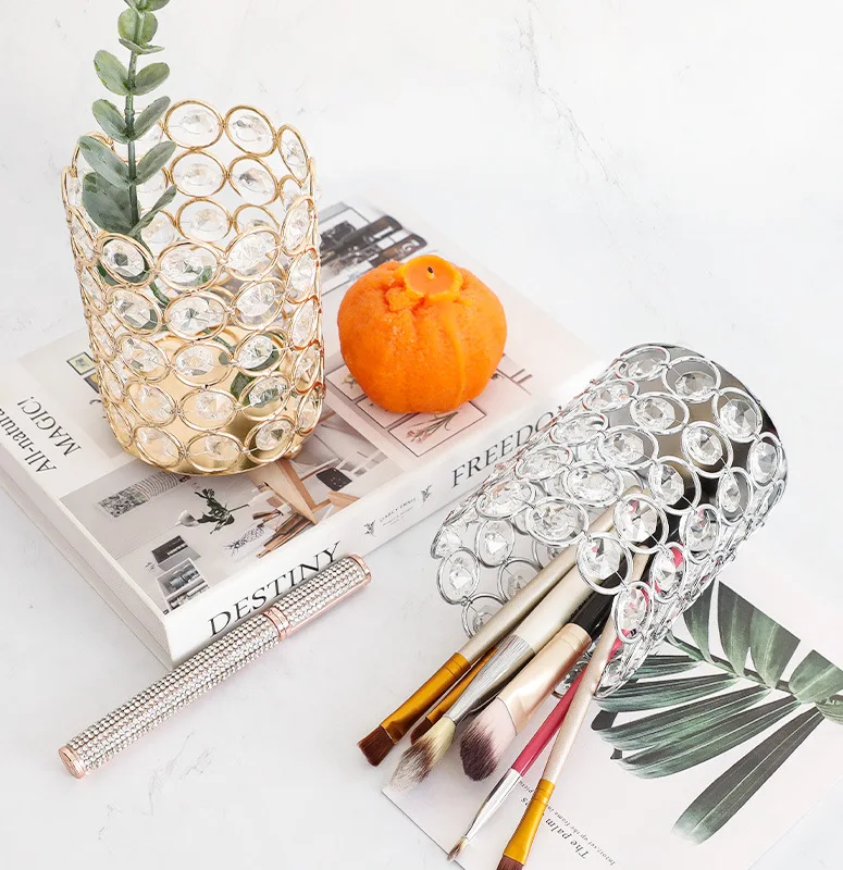 

Rose Gold crystal Makeup Organizer Desktop Brush Eyebrow Pencil Storage Box Nordic Pearl Jewelry Pen Holder Decoration
