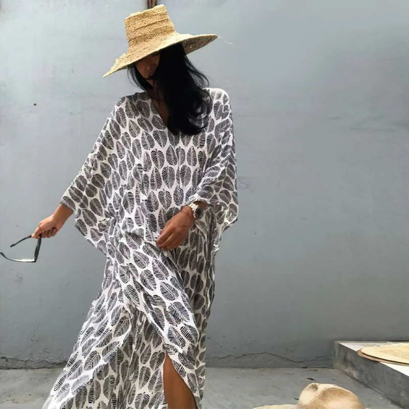 Женское платье-кафтан длинное пляжное платье в стиле бохо с принтом листьев |