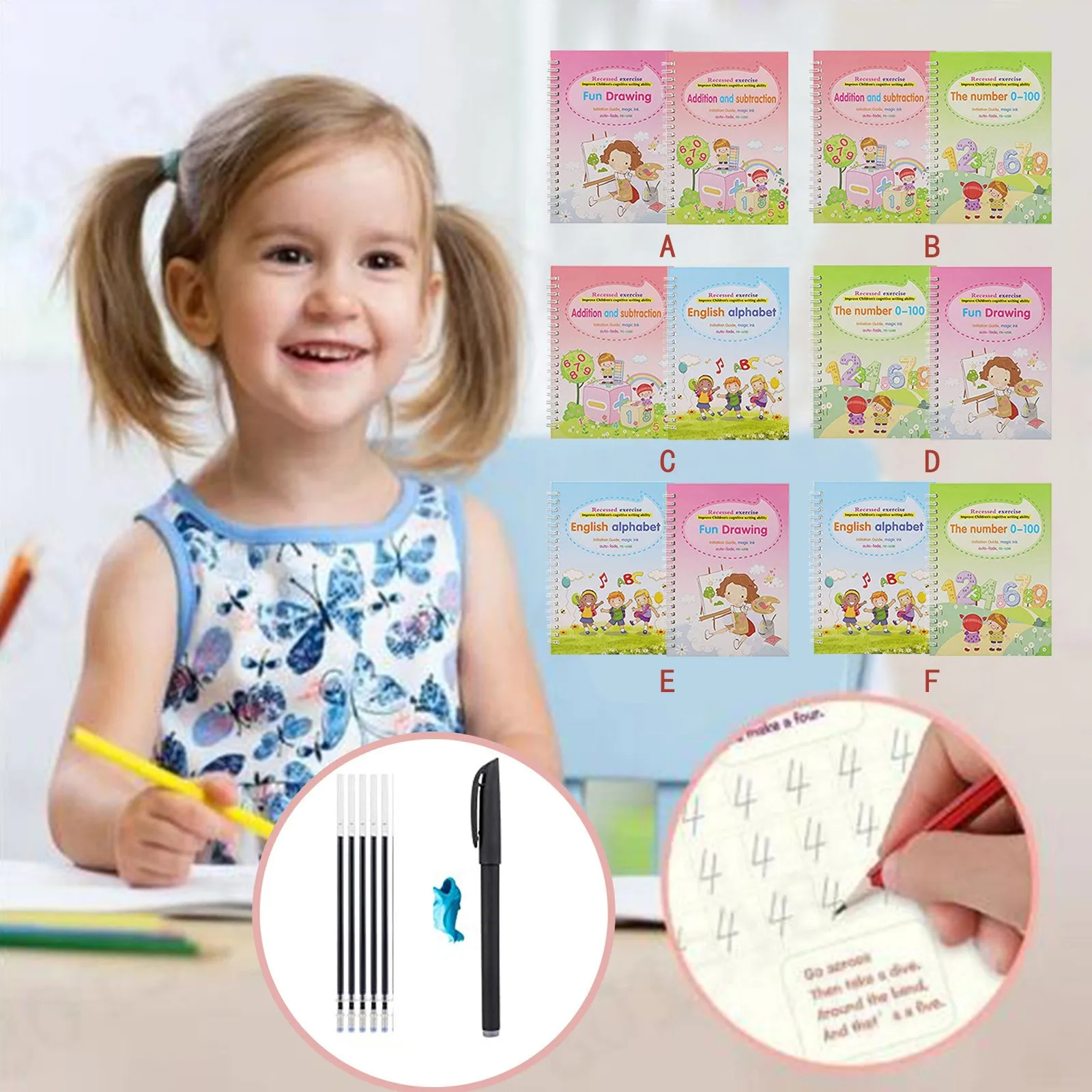 

2PCs Handwriting Copybook,1PCs pen,1PCs pen holder,5PCs Refills Magic Calligraphy Reused Handwriting Child practice copybook