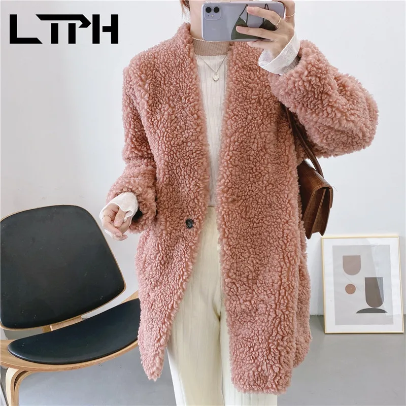 

LTPH mid-length plush faux fur coat women Single Button long sleeve High Quality teddy coats Thicken Warm Outwear 2021Spring New