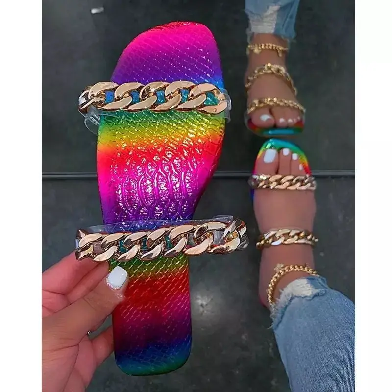 

2021 Summer New Women Slippers Fashion Chain Colorful Flat Bottom Open Toe Outdoor Ladies Slides Beach Casual Shoes Big Size