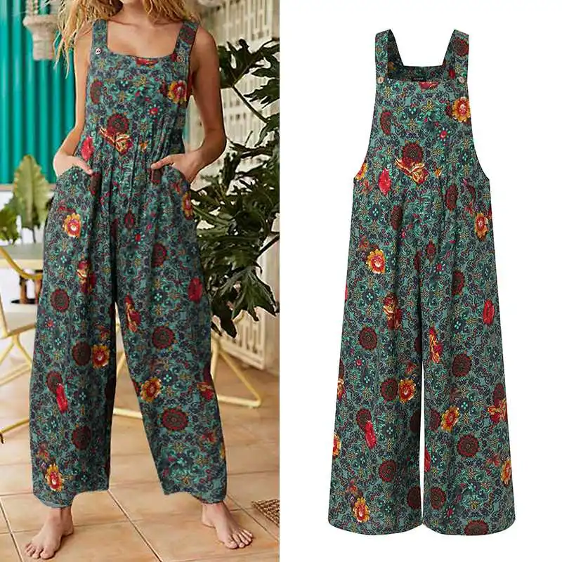 

Women Fashion Sleeveless Straps Wide Leg Pants Sexy Printed Rompers Summer Jumpsuits Casual Long Overalls Vintage Suspenders 5XL