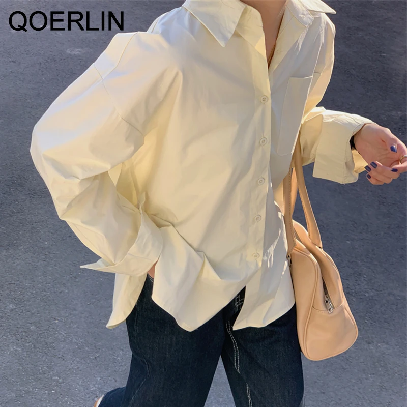 Офисная однотонная белая блузка QOERLIN в Корейском стиле свободная рубашка средней
