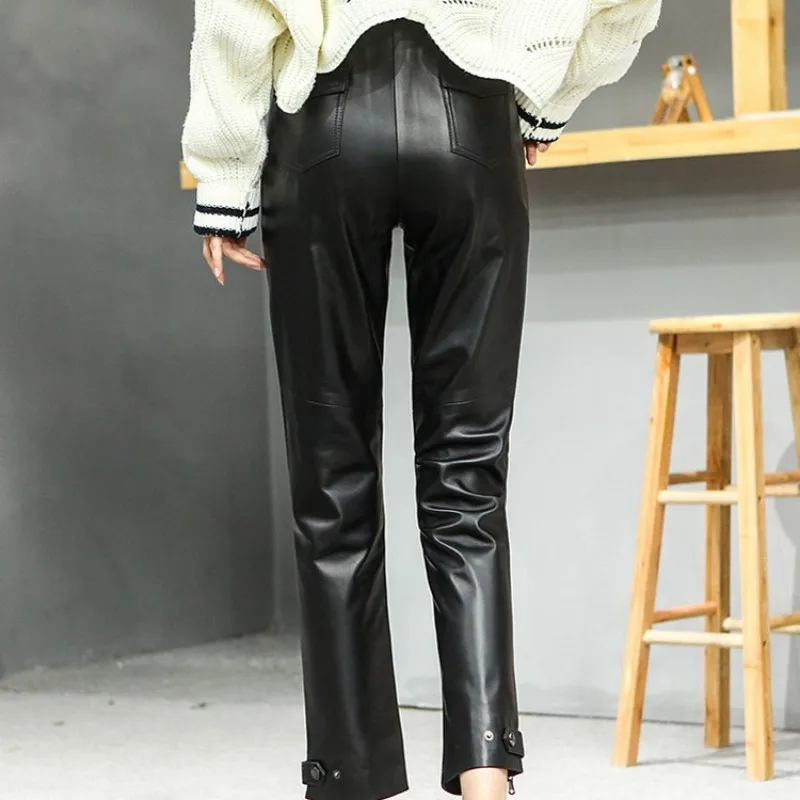 

Women Genuine Leather Casual Loose Straight Pants Elastic Waist Streetwear Black Pants OL Style Ankle-Length Harem Pant Oversize