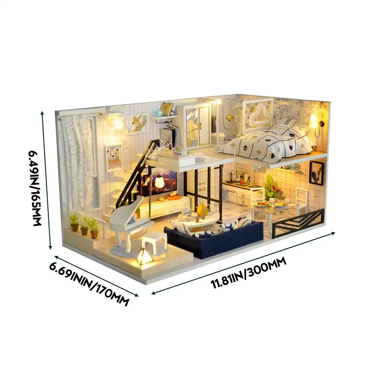 

3D Wooden DIY Dollhouse Furniture Miniatures With 6 LED Light Construction Kit House Room Anti-Dust Cover For Children Birthday
