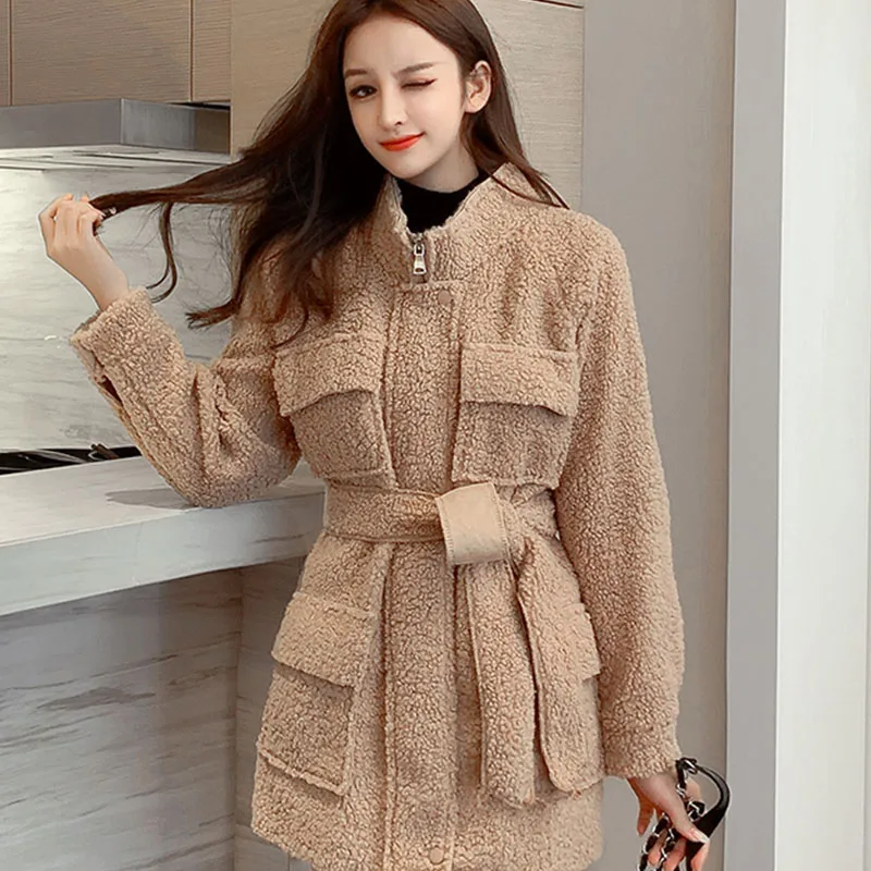 Sashes Autumn Winter Pocket Faux Lamb Leather Women Thick Wool Cotton Overcoat Outerwear