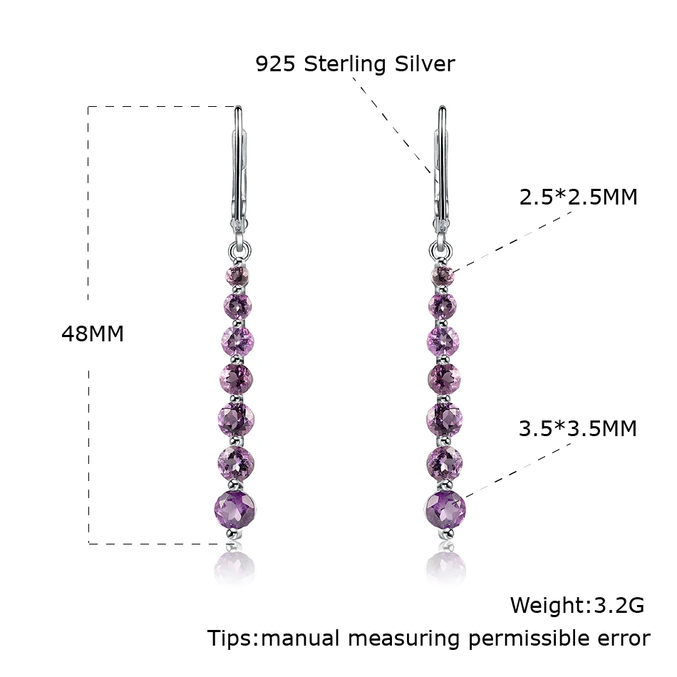 

Jewelry 925 Sterling Silver Dangle Earrings Clip Gradual Round Amethyst Natural Gemstone For Women Gifts Fine Jewelry