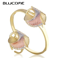 blucome cubic zirconia wedding jewelry sets for women special design bracelet 3 tones grass geometry copper wide bangle ring set