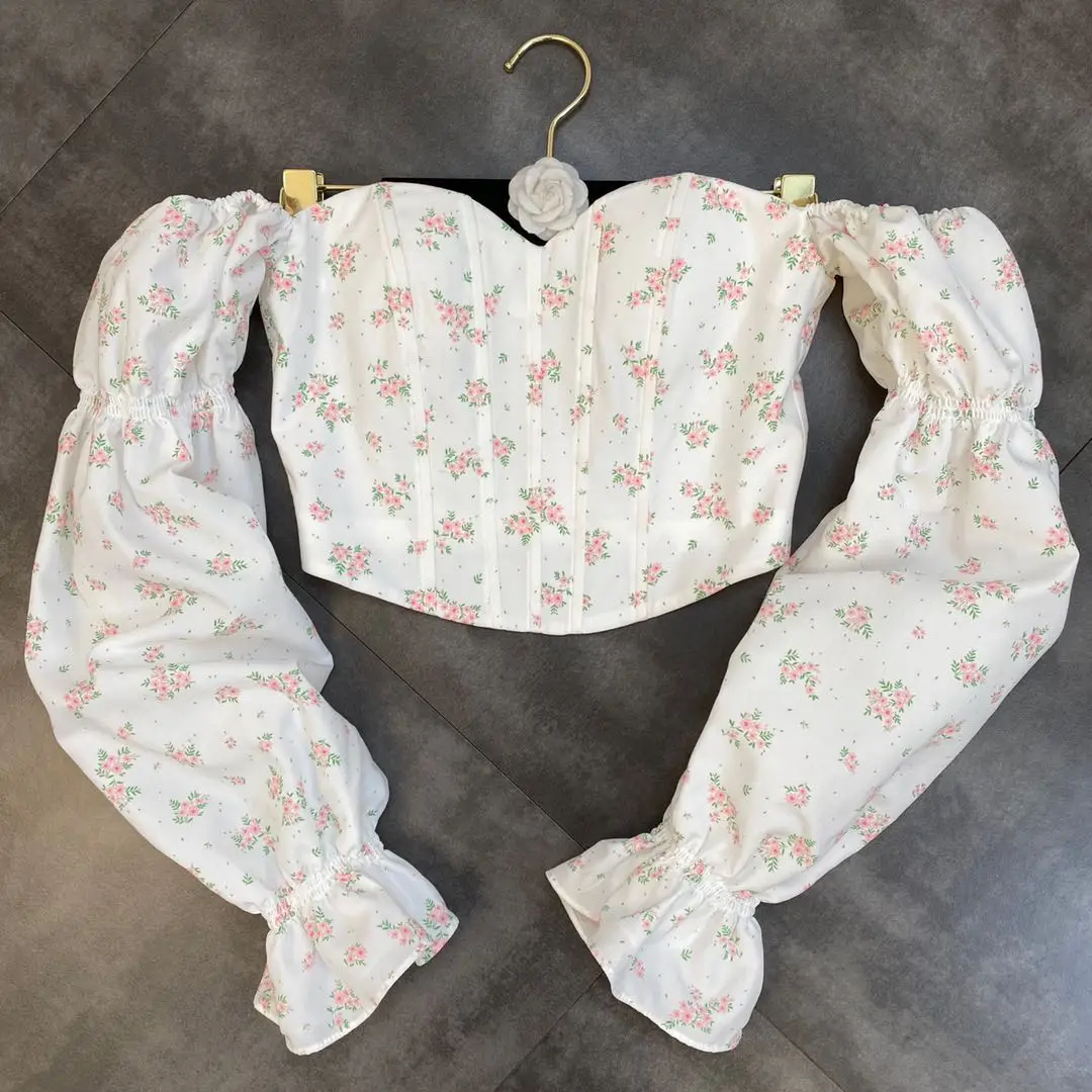 

Женская шифоновая блузка ZCSMLL, осенняя винтажная блузка на одно плечо, с рукавами-пузырьками и цветочным принтом, с рыбьей талией, 2021