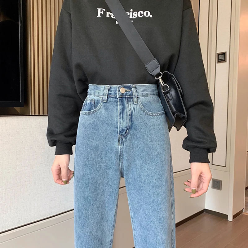 

2021 Women's High Waist Fashion Jeans for Girls Burrs Basis Baggy Jeans Mom Boyfriend Straight Drape Mopping Wide Pants