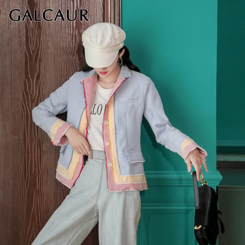 GALCAUR Patchwork Hit Color Women's Blazer Notched Long Sleeve Pockets Korean Female Coats 2019 Autumn Fashion New Clothing | Женская