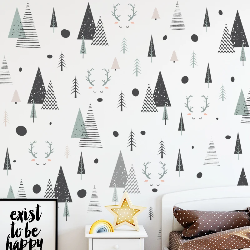 

Nordic Forest Geometric Deer Triangle Wall Stickers for Kids Room Kindergarten Classroom Wall Decoration Posters Art Home Decals