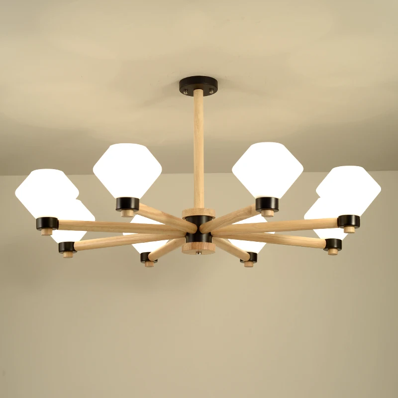 

Nordic Living Room Chandelier Bedroom Dining Light Atmospheric Solid Wood Chandelier Glass Lamp Study Bar Modern LED Chandelier